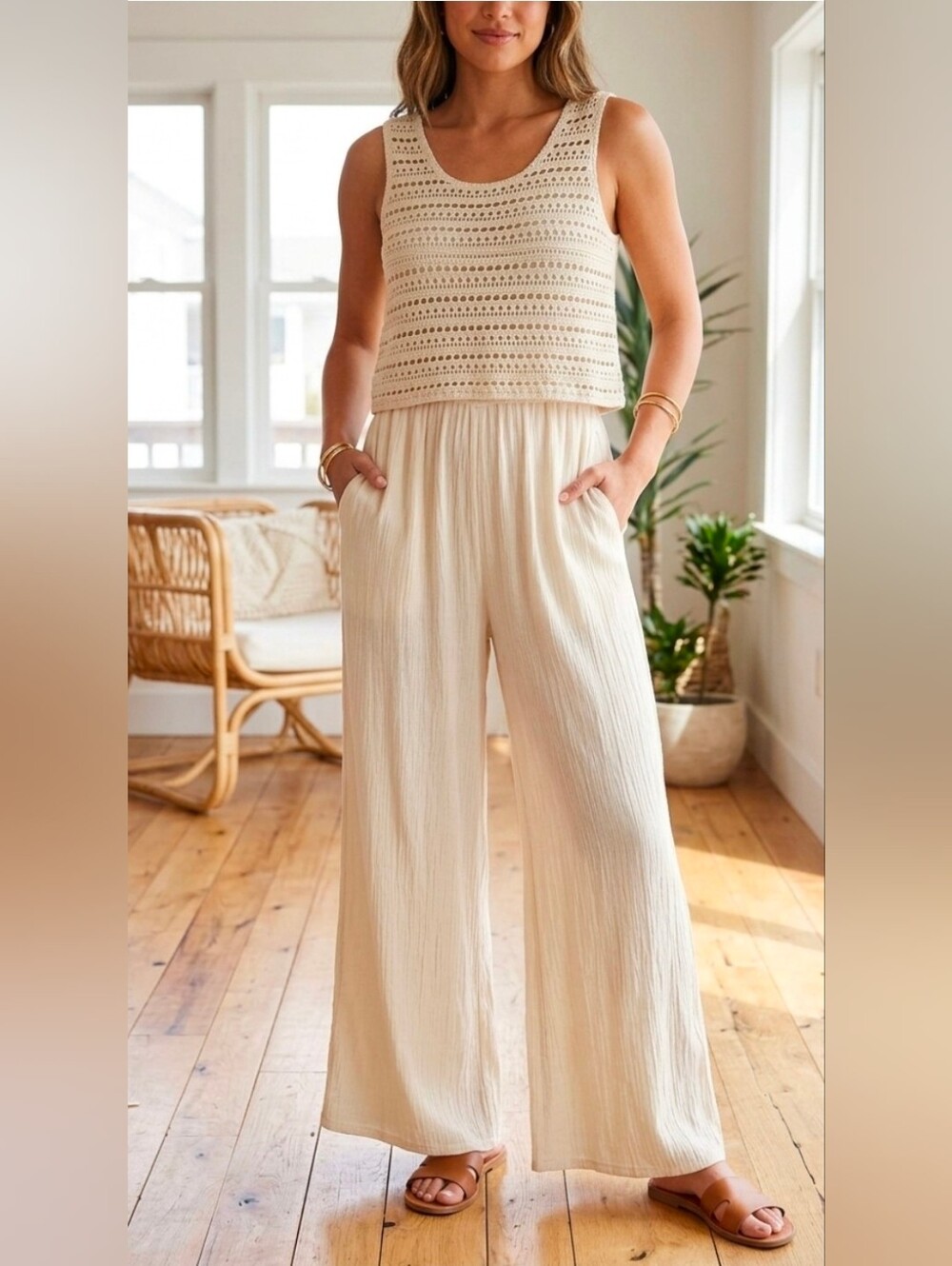 By Together Cream Crochet Layered Jumpsuit Boho Size S